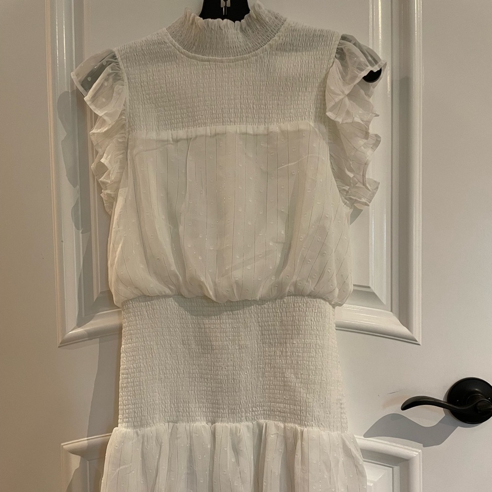 Aqua White Ruffle Short Sleeve Smocked Mini Dress (Medium)